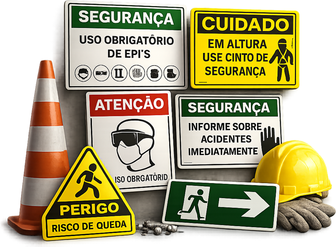 Placas de sinalização de segurança, cone, capacete e luvas fabricados pela Stampek do Brasil